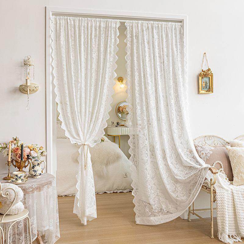 厨房白色波浪边隔断装饰魔术贴卧室门帘免打孔韩式蕾丝窗帘纱直销