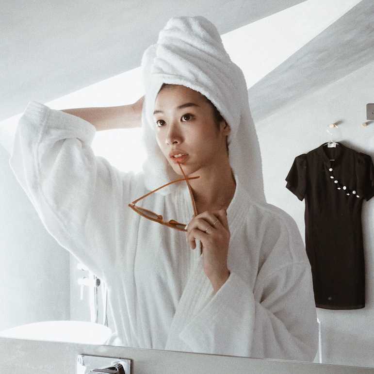 好货OQ5Mins包头巾女吸水速干发帽白色浴巾全棉毛巾浴衣纯棉浴袍