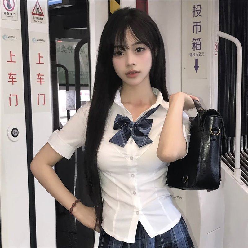 纯欲辣妹jk制服套装夏季正版原创收腰学院修身白色短袖衬衫三件套