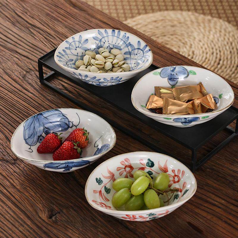 手绘浅菜碟盘子陶瓷餐具复古早餐盘浅口碗手绘异型碟子餐厅凉菜碟
