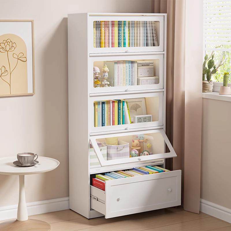 钢制书柜防尘落地家用客厅展示柜儿童储物柜多层玻璃门带抽屉书架