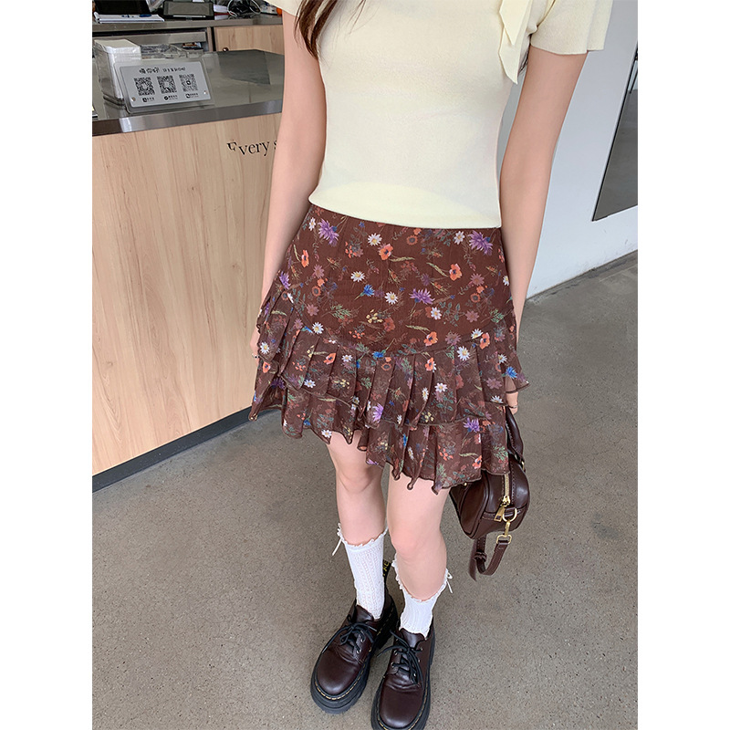 美式复古碎花百褶裙女夏季新款百搭休闲A字短裙高腰甜辣半身裙