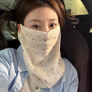夏季碎花仿竹麻防晒脖套女冰丝薄款护颈半脸防护面罩口罩