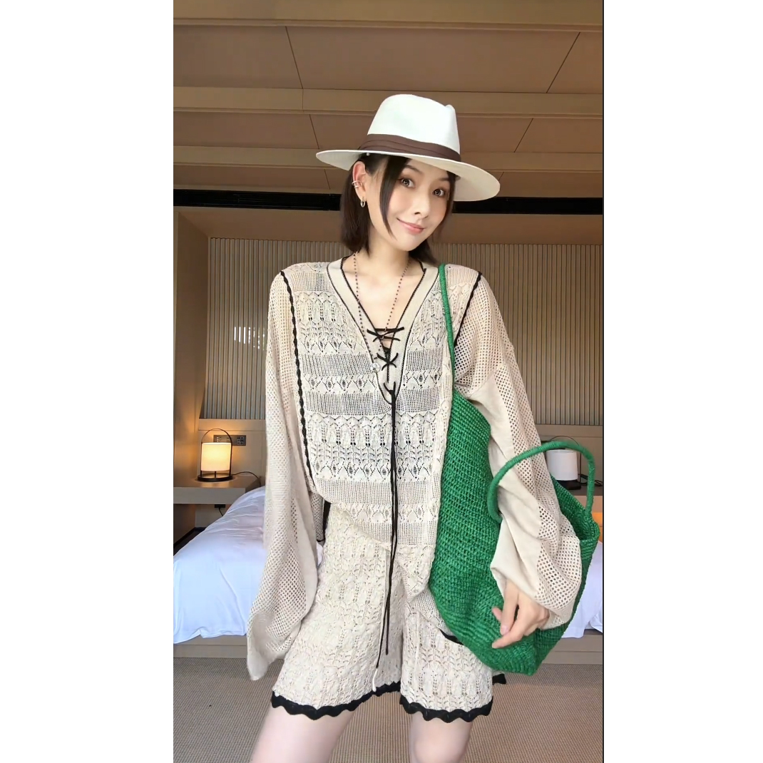 高级感松弛感透气防晒针织罩衫高腰短裤套装女宽松遮肉休闲两件套