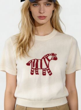 【BELL HON】夏季新款天丝100%斑马刺绣圆领短袖针织衫女 BH1003