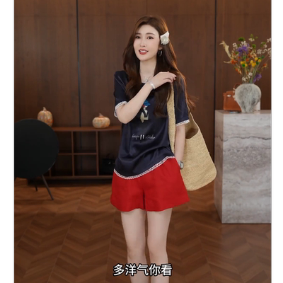 时尚真丝印花圆领短袖上衣女夏季新款高级感百搭显瘦休闲气质短裤