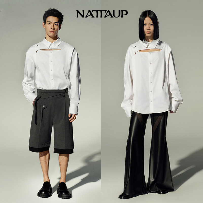 NATTAUP F 系列白色拼接衬衫抗皱免烫男女长袖上衣