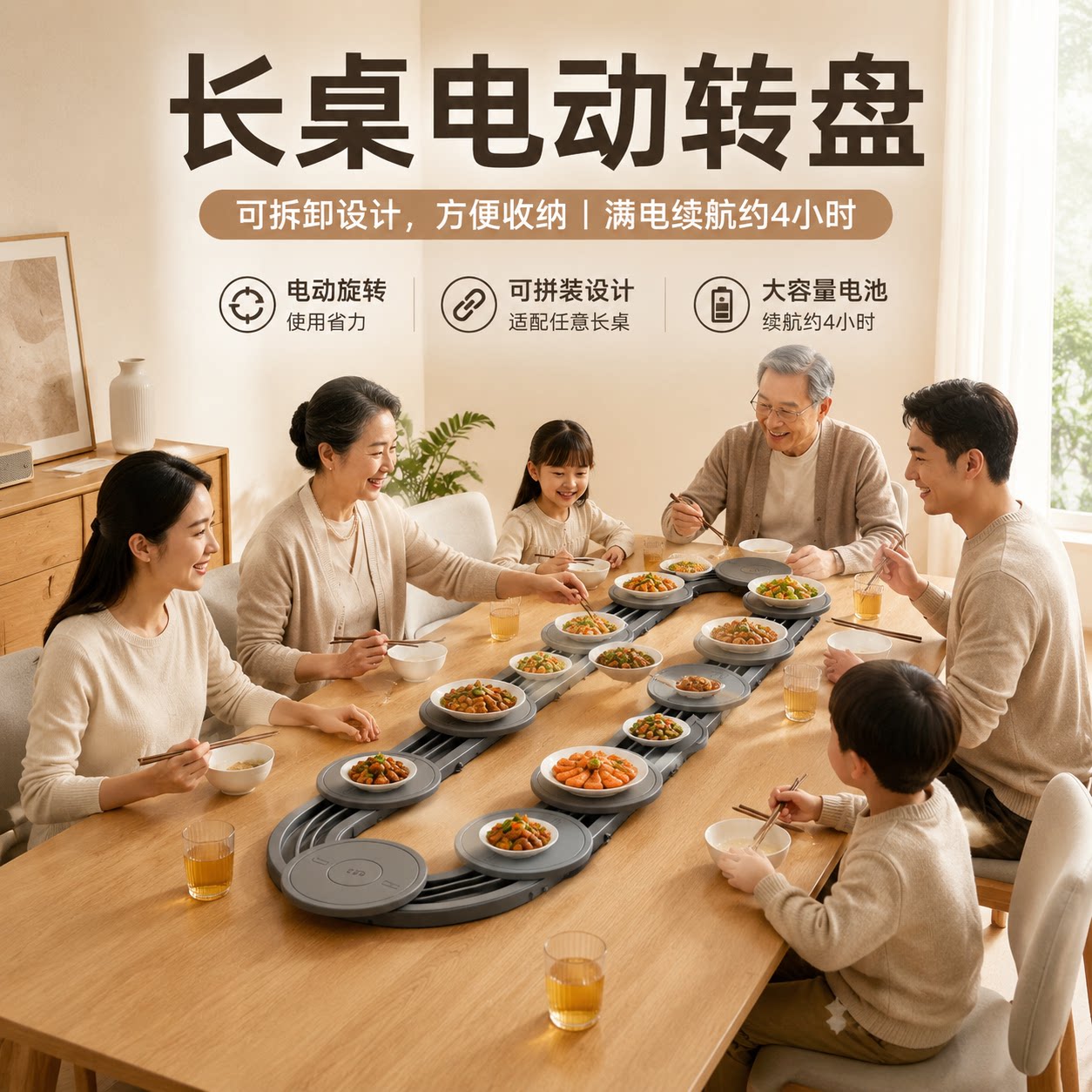 长桌电动转盘可拼接拆卸 自动旋转转盘 长方形餐桌转盘家用可拆洗