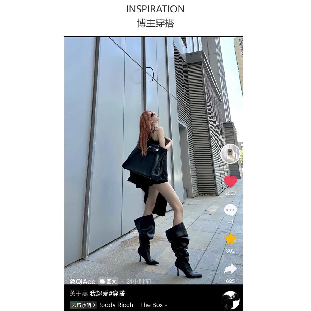 专柜正品高跟长筒靴女新款2025秋冬爆款靴子尖头细跟过膝宽筒长靴