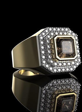 轻奢镶钻方形戒指男士黄金色金属指环高端时尚