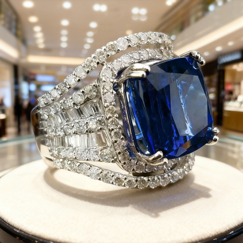 欧美时尚高级仿蓝宝石戒指女 微镶方肥几何配饰 求婚婚礼贵气单戒