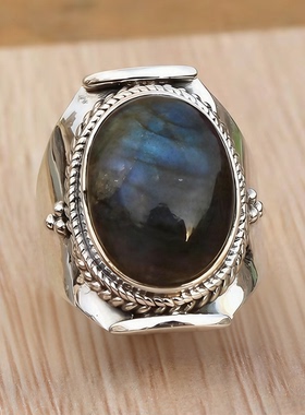 新款复古天然拉长石戒指男款个性时尚百搭指环