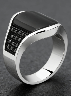 新款复古做旧黑石头戒指男潮经典宽面可调节个性潮单身戒