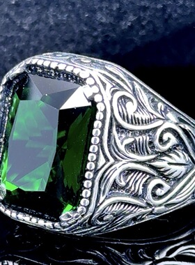 创意镶嵌方形绿钻男士戒指新款古银电镀花纹时尚霸气紫宝石男戒
