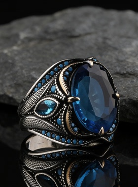 欧美复古风男士戒指做旧蓝宝石星芒工艺指环小众设计潮男配饰