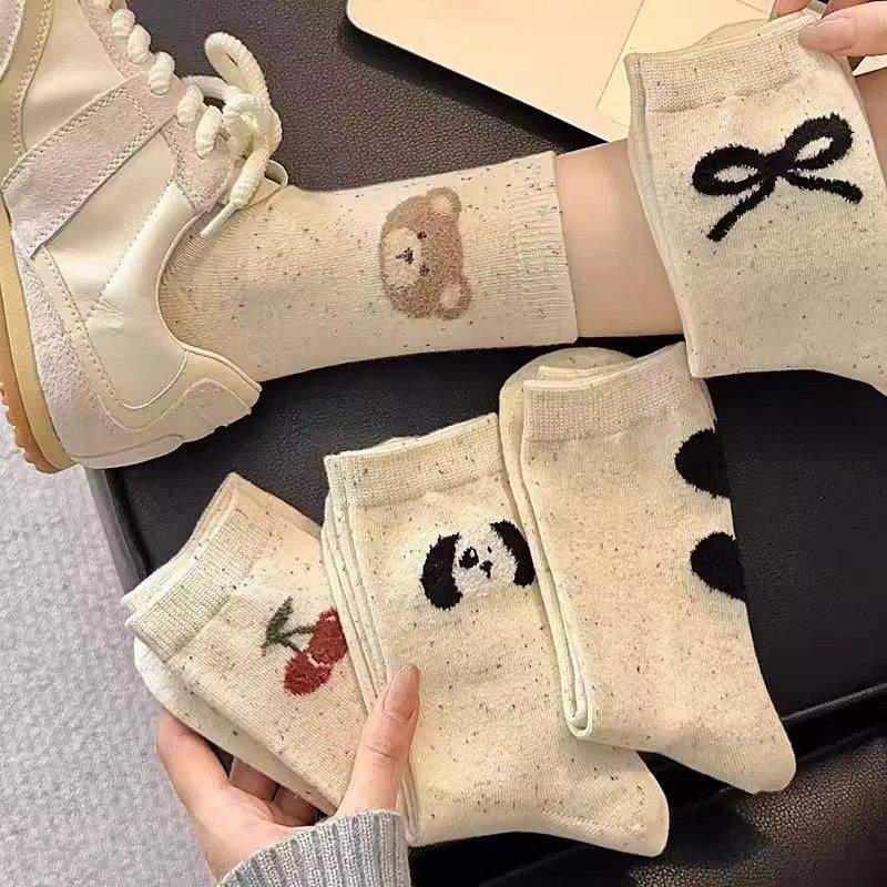 袜子女中筒袜点子纱纯色秋冬款可爱小熊ins潮韩国卡通日系彩点袜