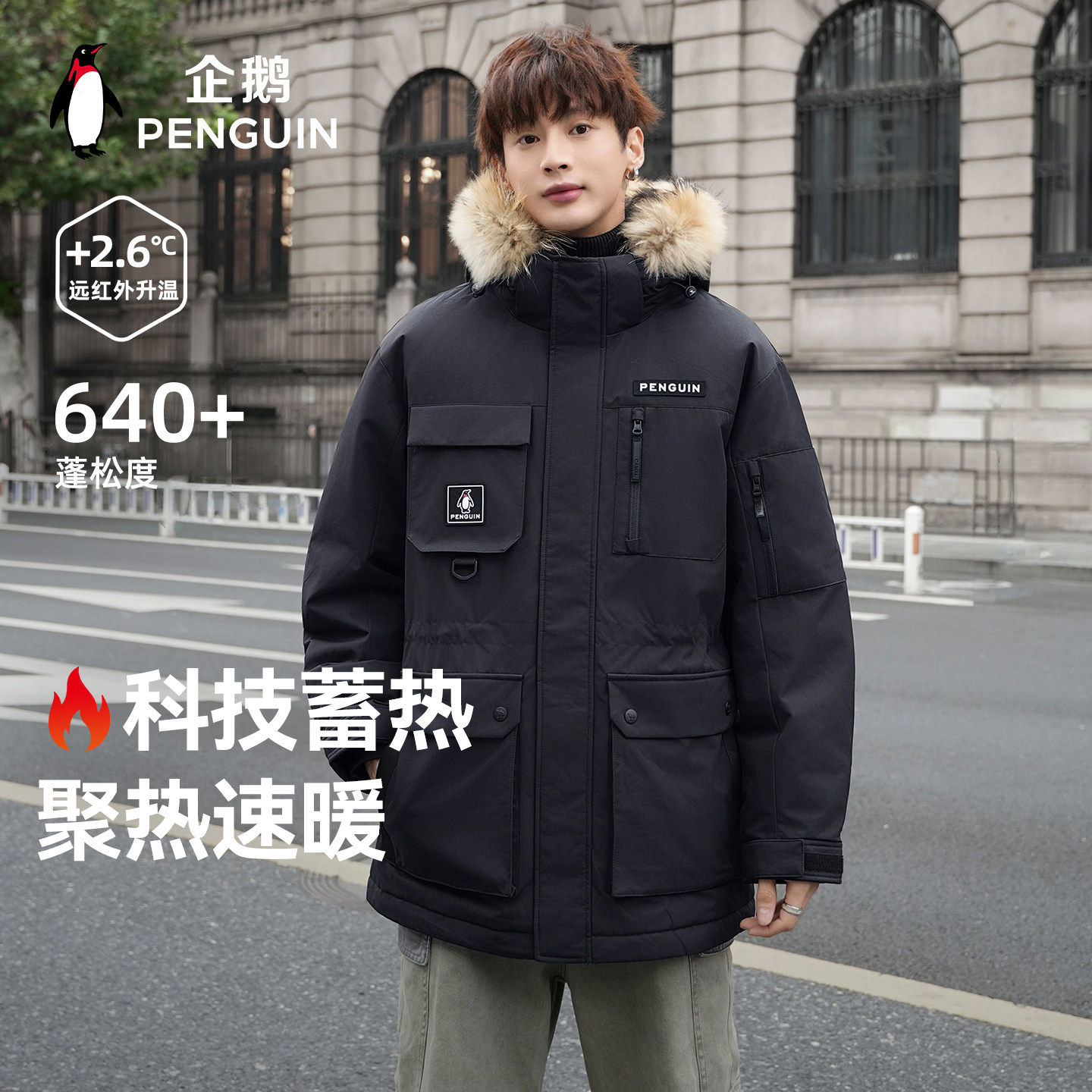 企鹅联名骆驼极光羽绒服秋冬新款户外工装貉子毛领防风加厚派克