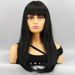 2023款 机制化纤头套 欧美假发女齐刘海长直发热销黑色新品