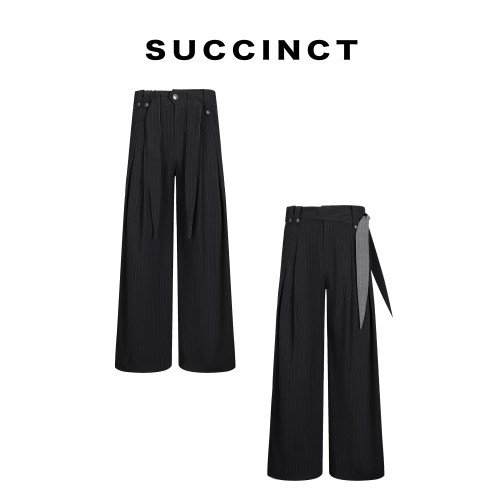 Succinct“绕”条纹斜剑道拼接飘带微阔直筒A字弧形纽扣长裤西裤