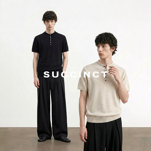 Succinct“侘”天丝亚麻假2件双层圆领透气针织春夏老钱风短袖