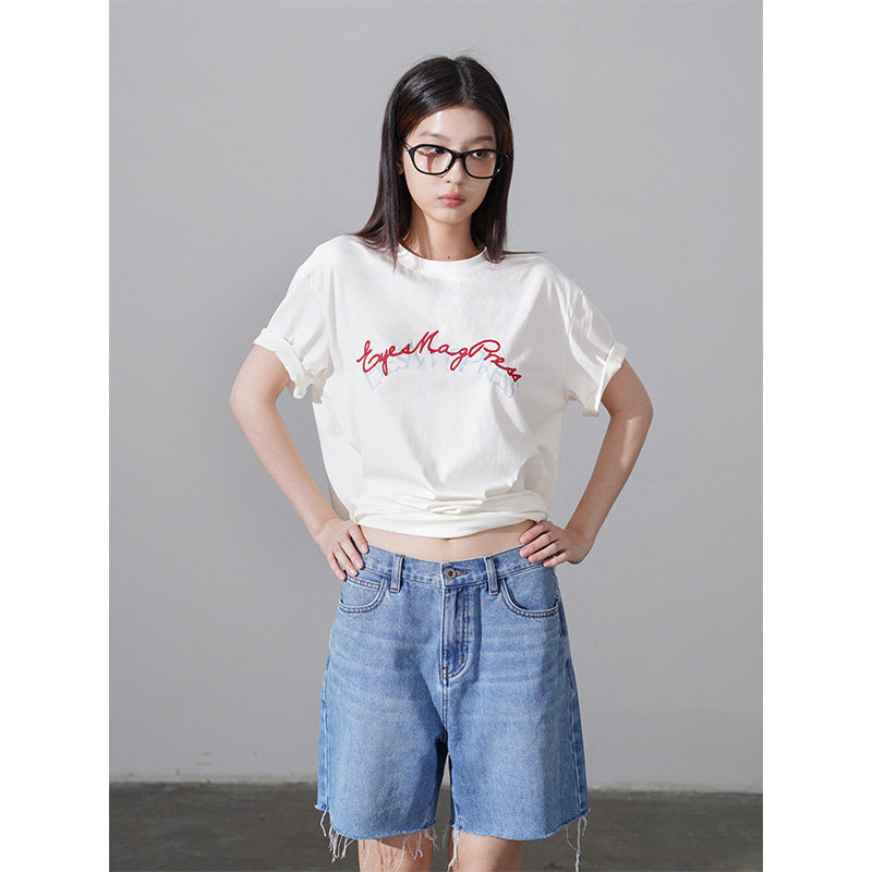 EyesMag 双色字母印绣花双工艺宽松全棉短袖T恤女-米白/藏青/黄绿