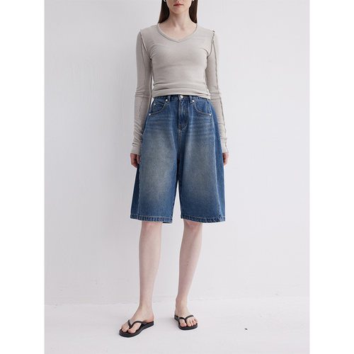 [立体loose jeans]12oz时髦精七分复古牛仔阔腿短裤-EH14