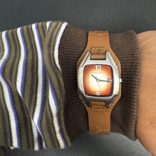 Awateoftime浪费时间 中古手表简约复古棕色皮革表带石英手表腕表