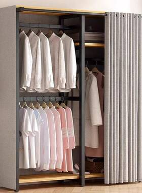 简易衣架地落式带尘罩挂衣卧室置物架架家用FVO铁艺衣柜防带帘衣