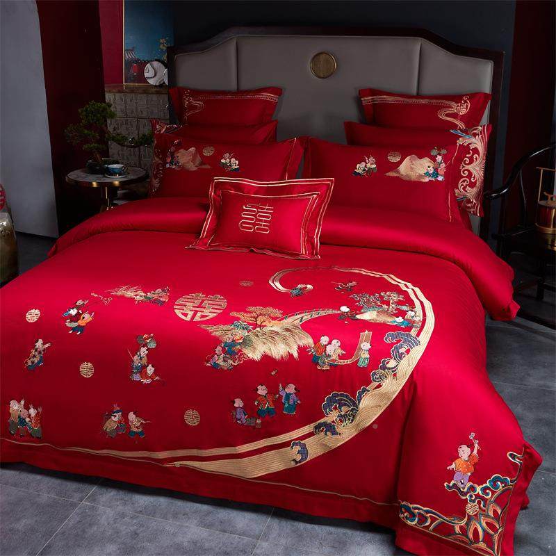 棉庆四件套长绒棉绣花大红HFT色结婚陪嫁喜新被全棉婚婚礼婚房纯1