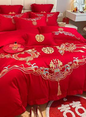 中式婚庆四用件套大红色龙刺绣喜婚被房陪嫁床NSP单被套结凤婚床