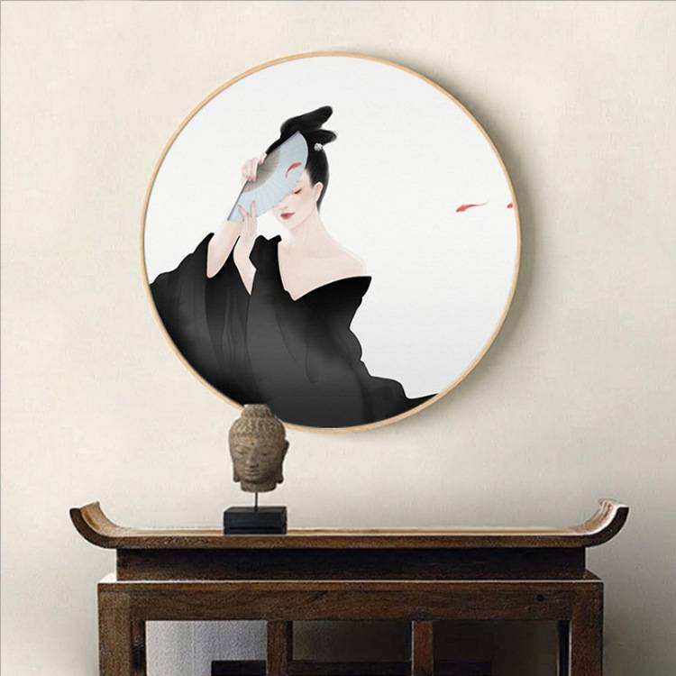 禅意挂画圆形装饰画日式料理餐厅画黑白意境背影墙壁画现代简约风图片