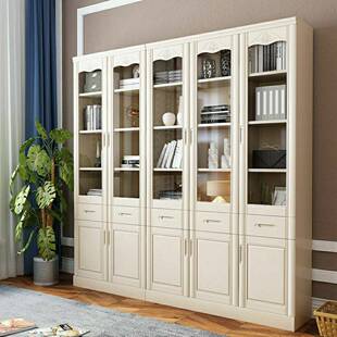 全实木书柜子架带书橱玻璃书门ONF储现代简约中式落地奶油风纯木