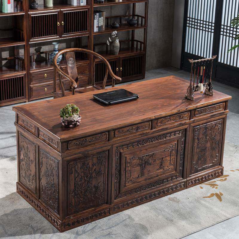 中式实木公桌书桌书房全封办公家具套装组合榆木大法台老板办桌班