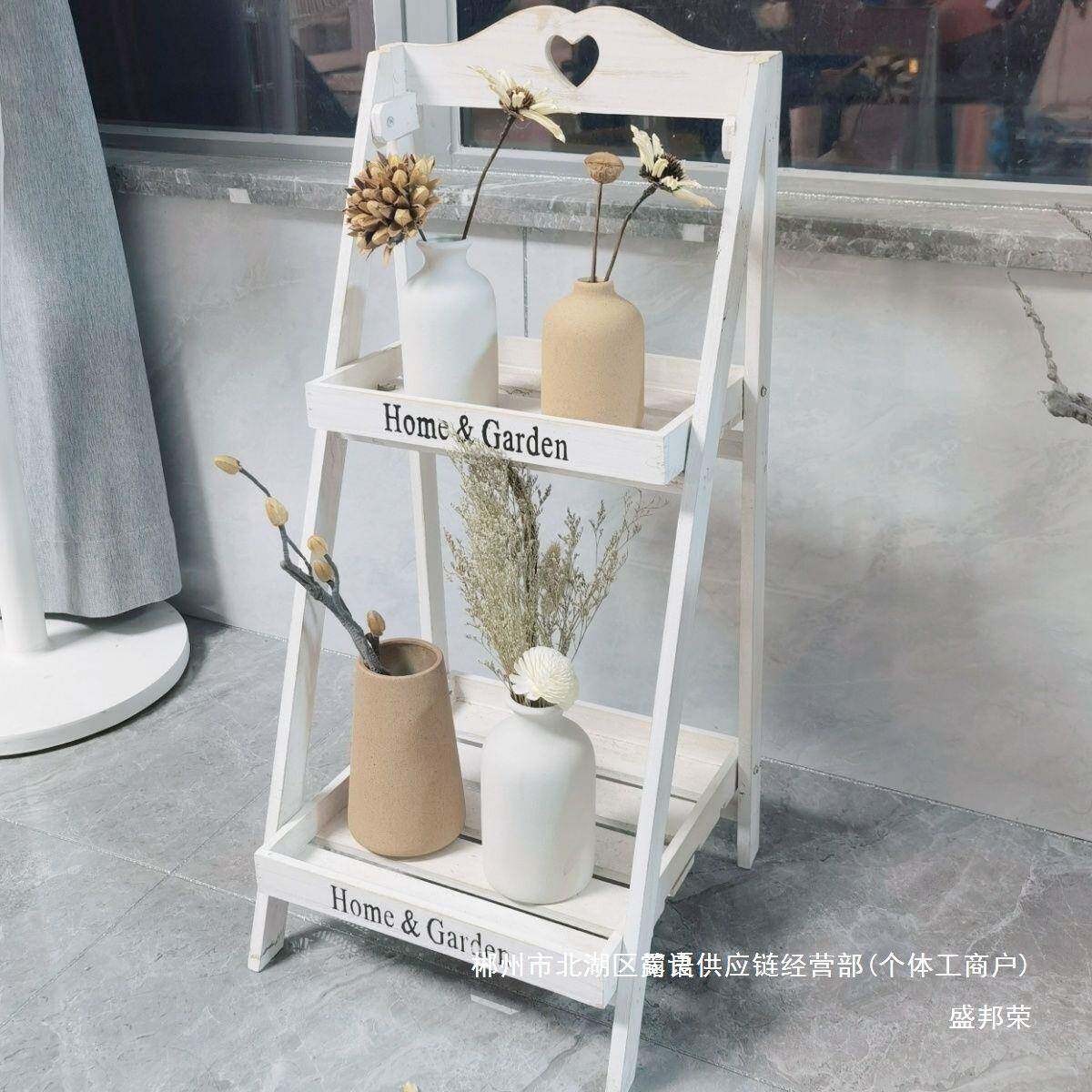厂直销美式乡复古实木多层折叠小家花架台落地梯阳形多CYE村肉植