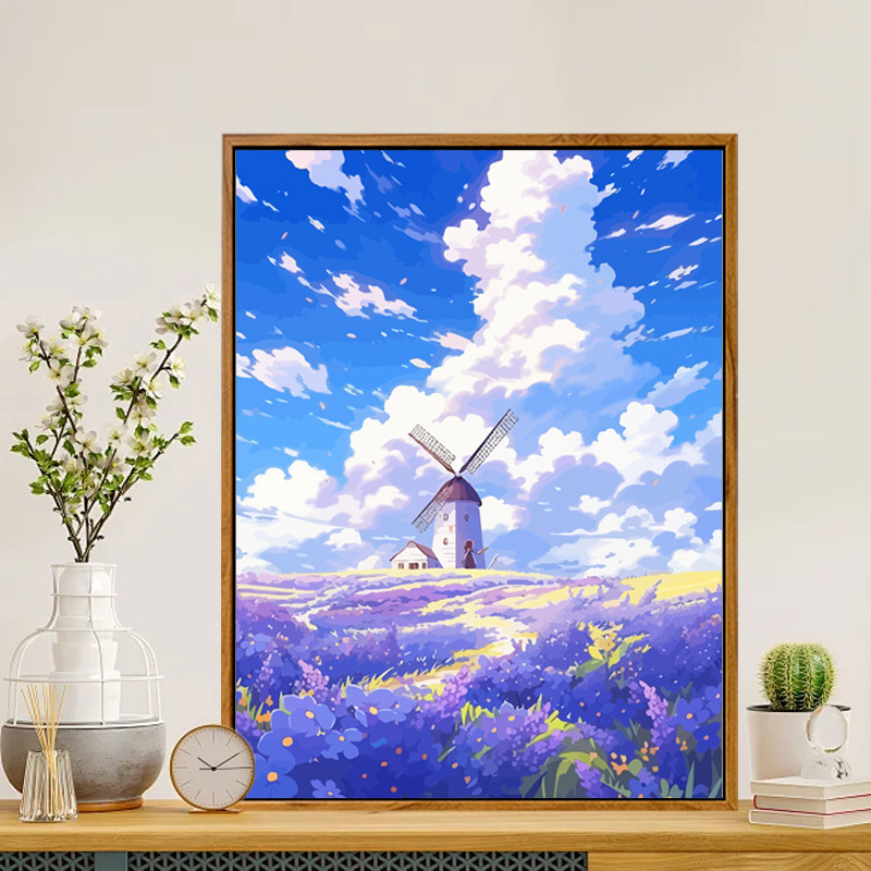 成人解压画数字油画diy填充手绘手工填色涂色玄关油彩画 动漫风车