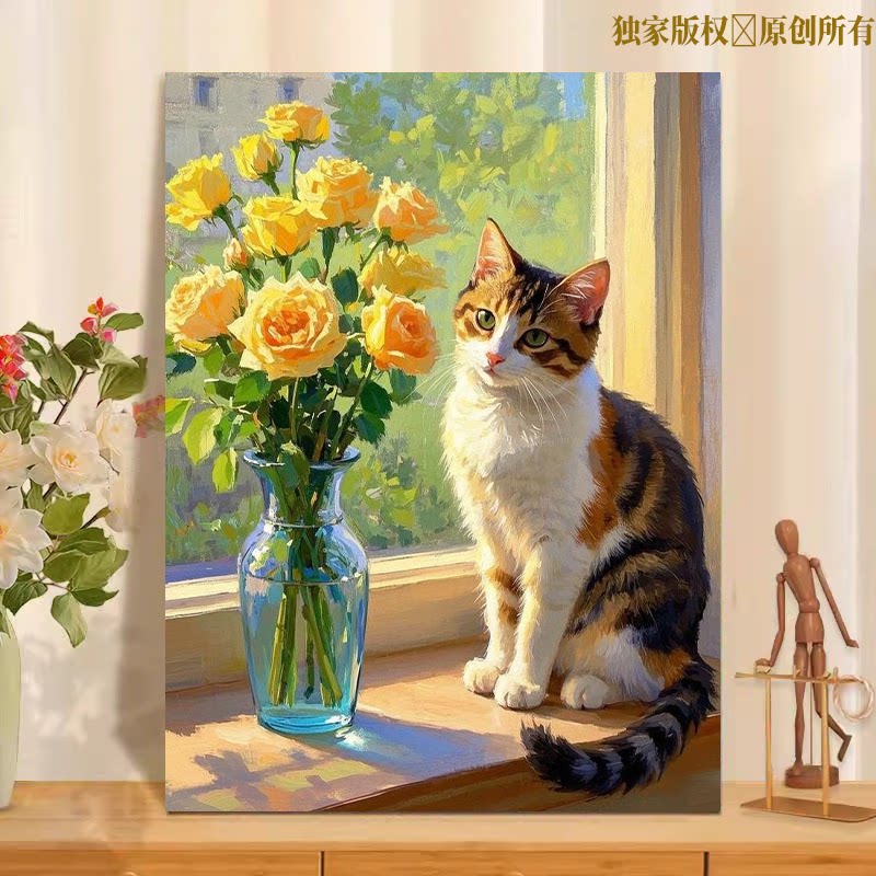 猫咪数字油画diy填色手工解压手绘油彩画丙烯颜料减压填充书房画