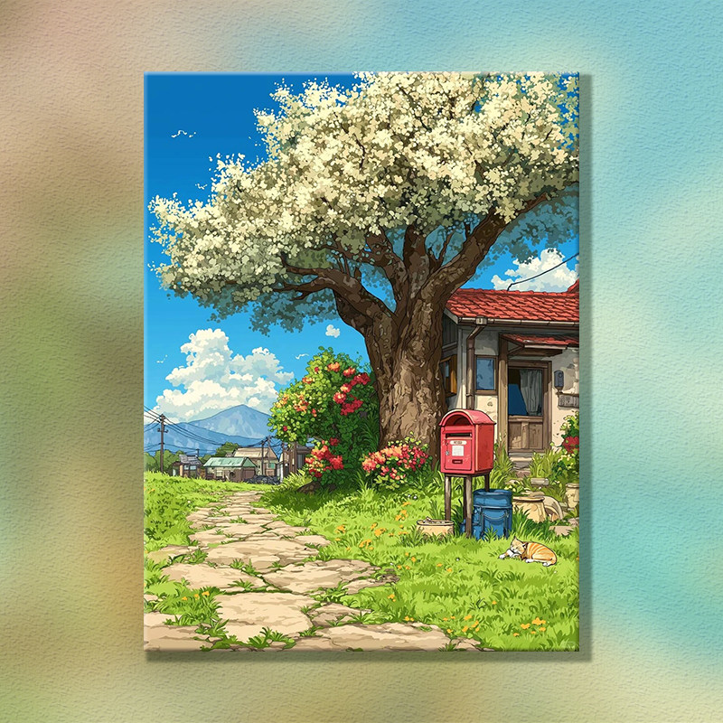 成人解压画数字油画diy填充手绘手工填色涂色玄关油彩画 风景花屋