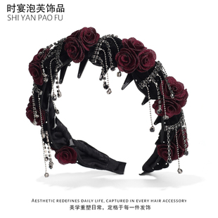 时宴泡芙 芬德拉玫瑰发箍花朵流苏港风复古手工发卡气质头箍女