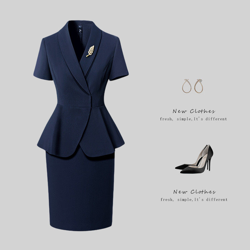 青果领职业女裙套装夏气质荷叶边酒店前台接待工作服销售工装