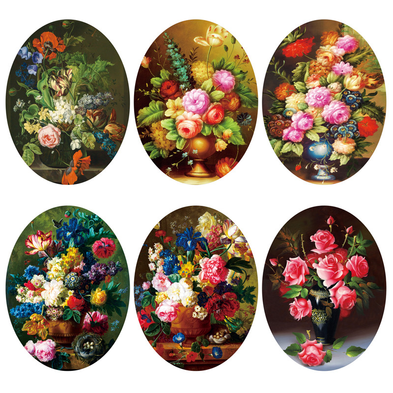 椭圆形欧式复古名画客厅沙发背景墙装饰画花瓶花卉画芯自粘贴画图片