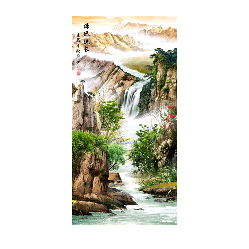 流水生财装饰画客厅玄关无框油画布画芯现代中式山水源远流长风景