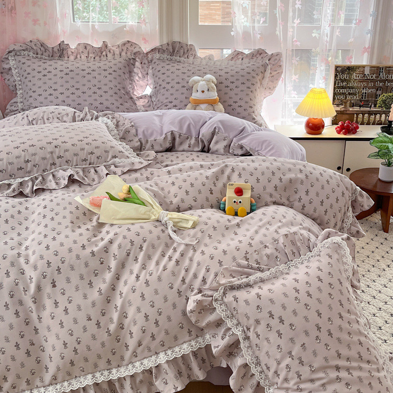 批发ins少女心韩系小碎花亲柔软肤磨毛四件套公主风蕾丝花边4件套