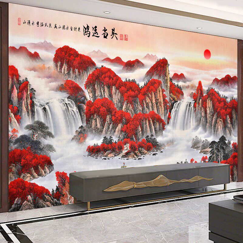 电视墙背景墙贴自粘墙纸贴画中式山水画壁纸墙画客厅卧室装饰壁画