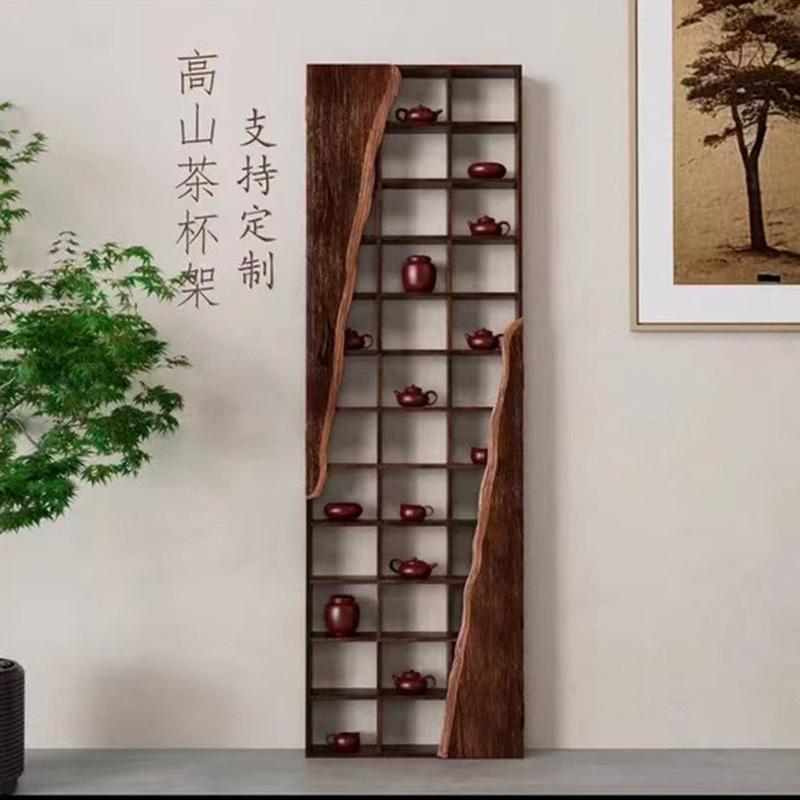 侘边柜风博古架实木多宝阁茶叶收纳置物架立柜山形寂老榆木展示柜
