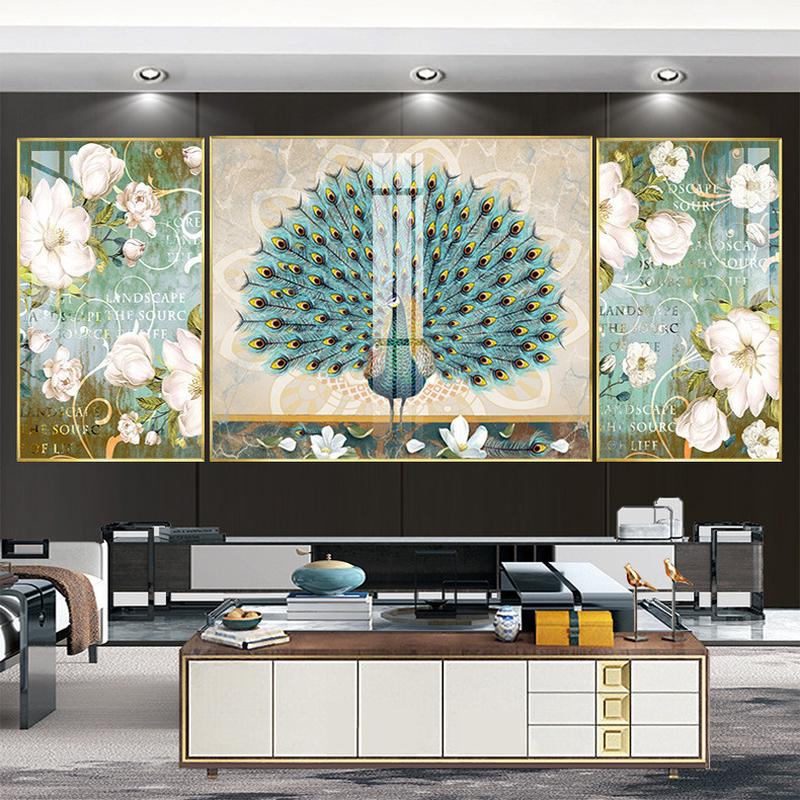 沙发墙画抽象孔雀开屏花卉晶瓷画客厅挂画北欧山水画三联装饰画图片