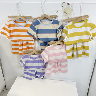 中大童夏季条纹家居服儿童短袖中裤睡衣男女童夏天空调服休闲套装