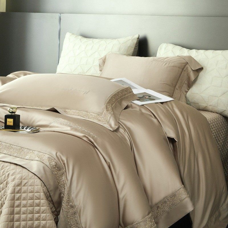 法式100s长绒棉精致刺绣品棉床盖四件套全棉高密度纯色轻奢风床夹,床上用品,床品套件/四件套/多件套,淘宝优惠券,粉丝福利购,淘宝优惠卷