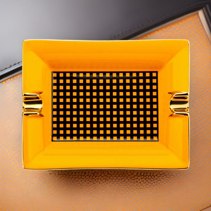 个性便携雪茄烟灰缸陶瓷双烟槽创意鎏金方格纹雪茄烟缸