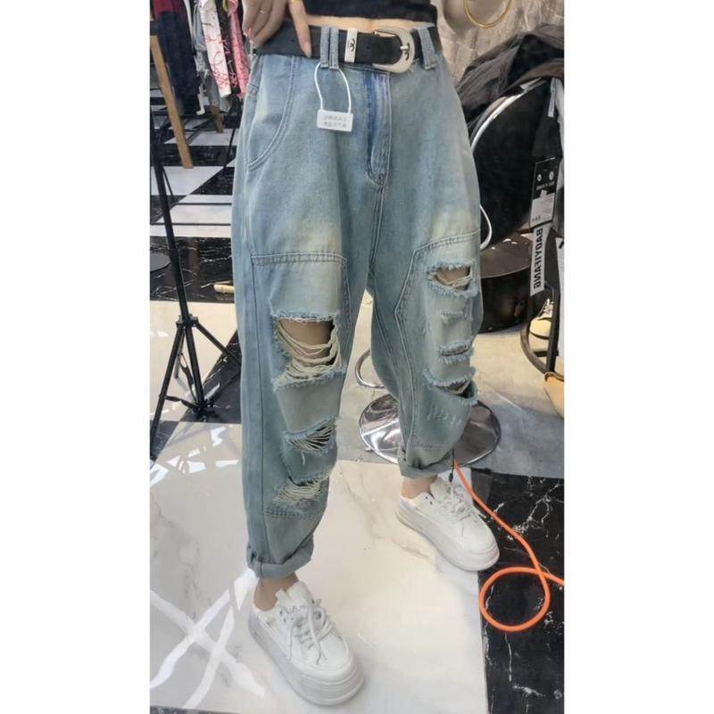 蓝色破洞女2024年秋季新款九分阔腿裤宽松显瘦老爹,女装/女士精品,大码裤装,淘宝优惠券,粉丝福利购,淘宝优惠卷