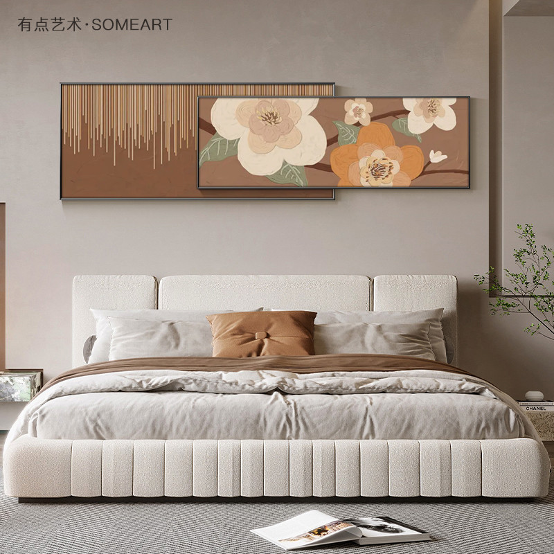 新品北欧客厅沙发背景墙装饰画侘寂风花卉床头壁画横版叠加卧室挂图片